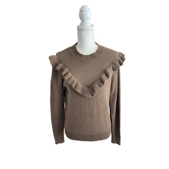 Aritzia Wilfred Chaume Brown Ruffle Yoke Swiss Dot Mock Neck Sweater Size Small - Picture 7 of 15